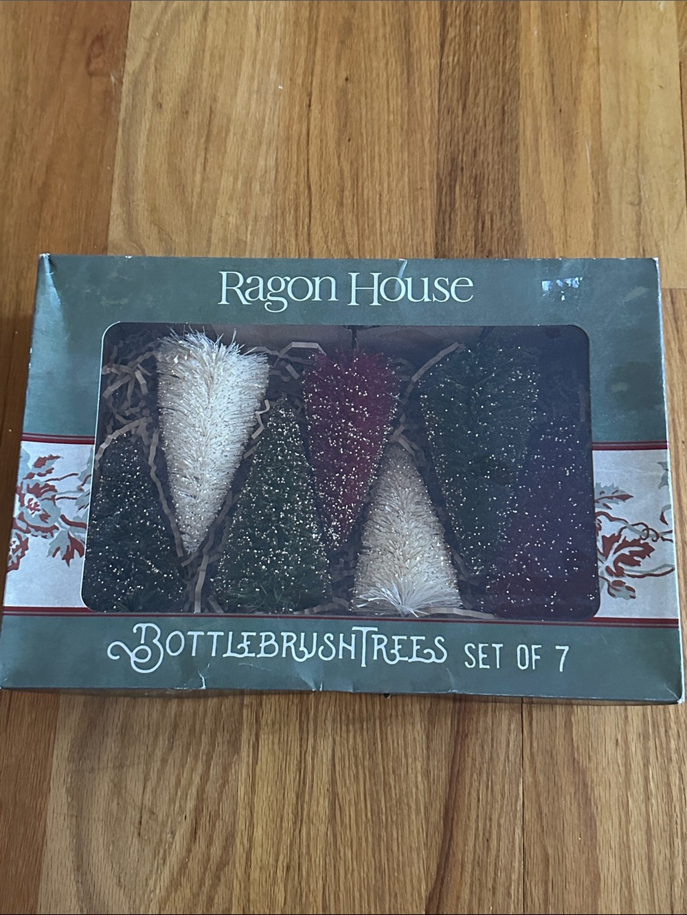 Ragon House Medium Size Bottlebrush Holiday Glitter Trees Set of 7 New